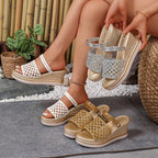 Open toe wedge sandals by Shopimist featuring a stylish design with a comfortable heel and neutral color for casual wear.