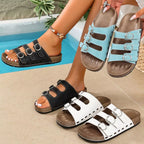 Shopimist triple buckle adjustable sandals featuring leather straps and a cushioned sole for comfortable summer wear.