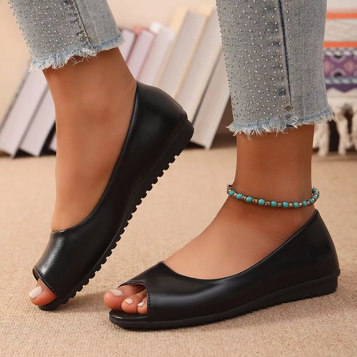 Plush Fashion Hub peep toe flat sandals with plush straps and open toe design, perfect for casual summer wear.