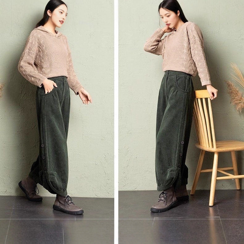 FitiqueFit corduroy wide-leg pants with lace-up detail, featuring a stylish streetwear look and relaxed fit.