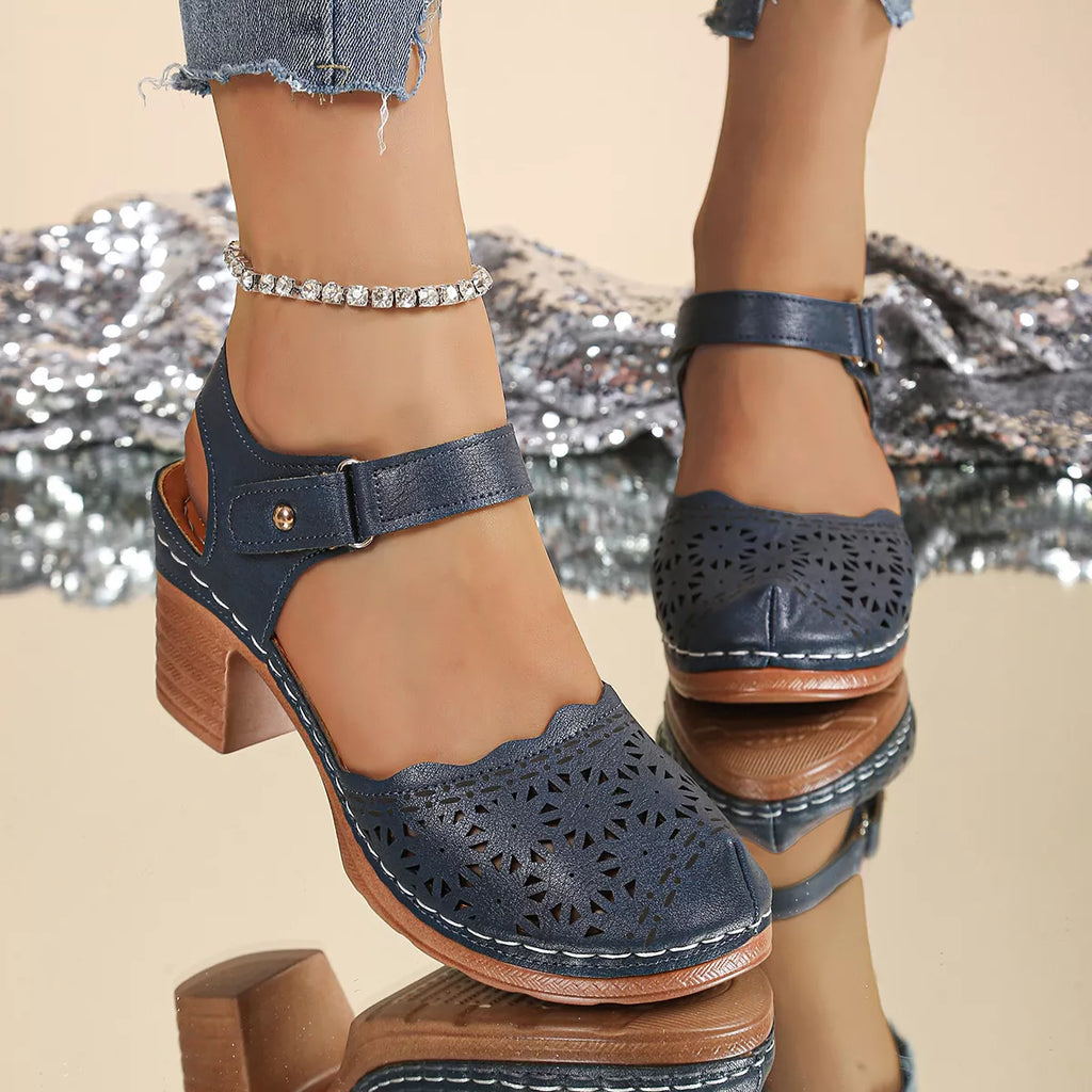 Shopimist round toe block heel sandals with stylish open-toe design and sturdy chunky heels on a neutral background.