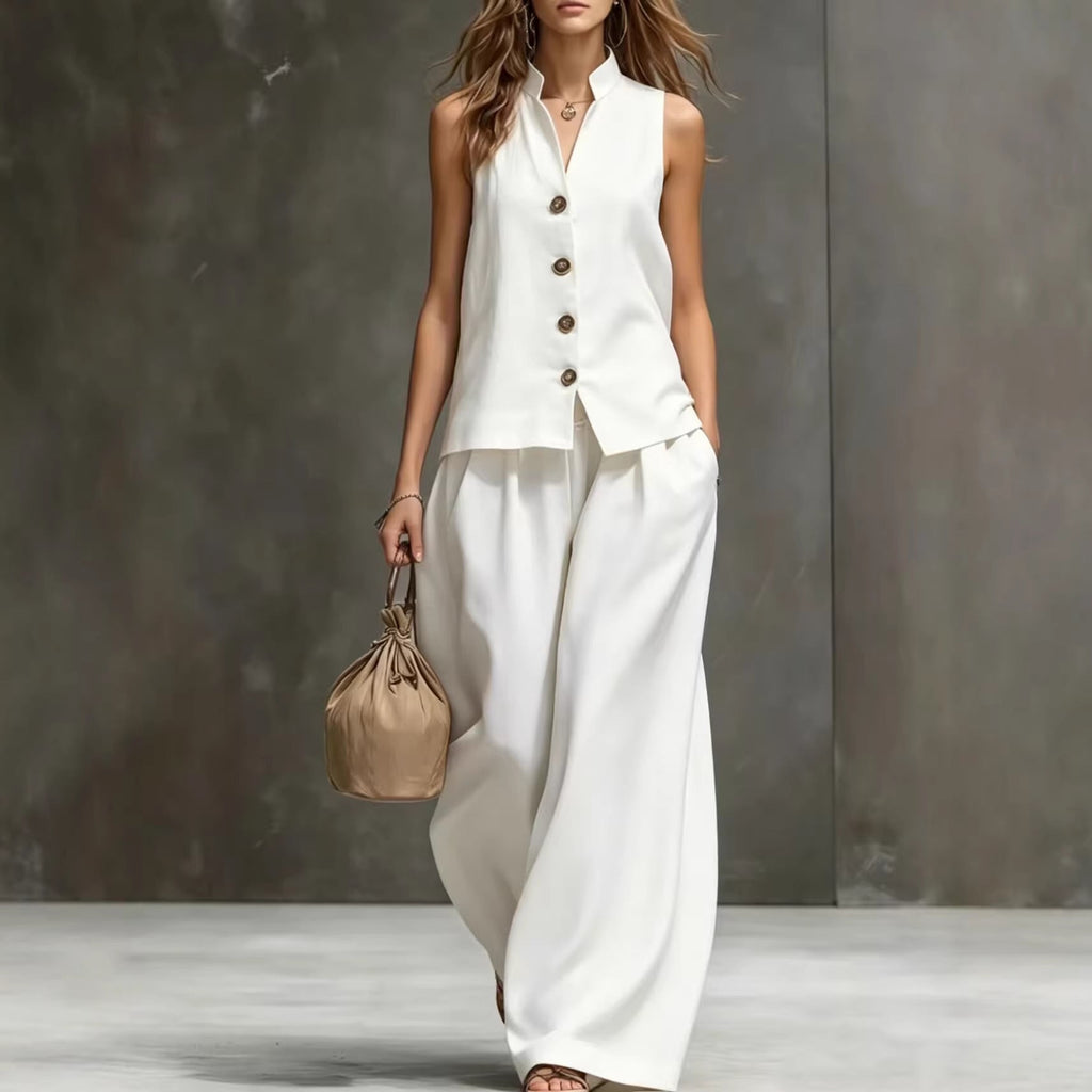 Women's sleeveless cotton linen vest and wide-leg pants two-piece set by FitiqueFit, featuring a relaxed fit and neutral colors.