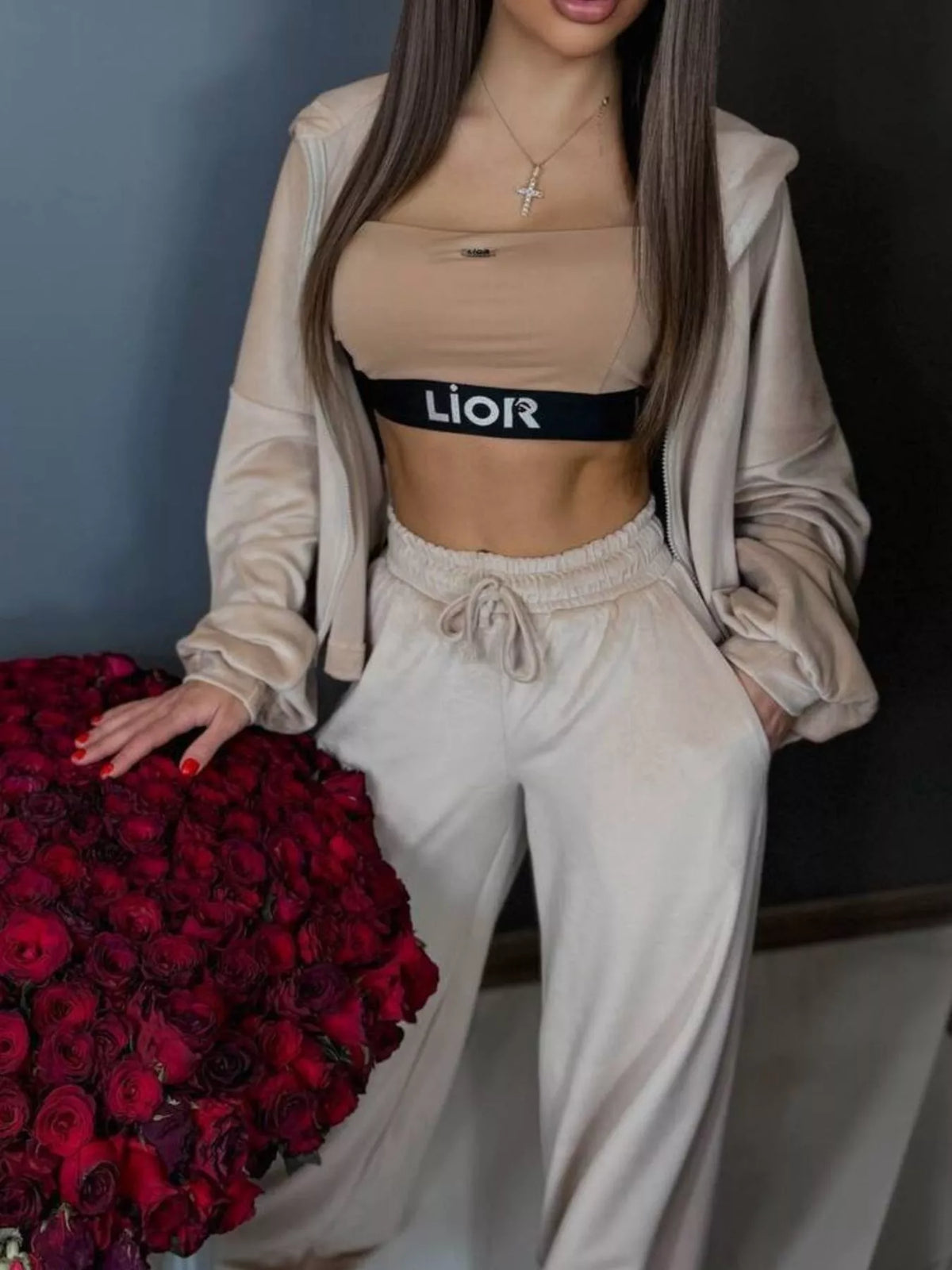 Plush Fashion Hub zip-up cropped outerwear and pants set, featuring a stylish matching two-piece in a casual, modern design.