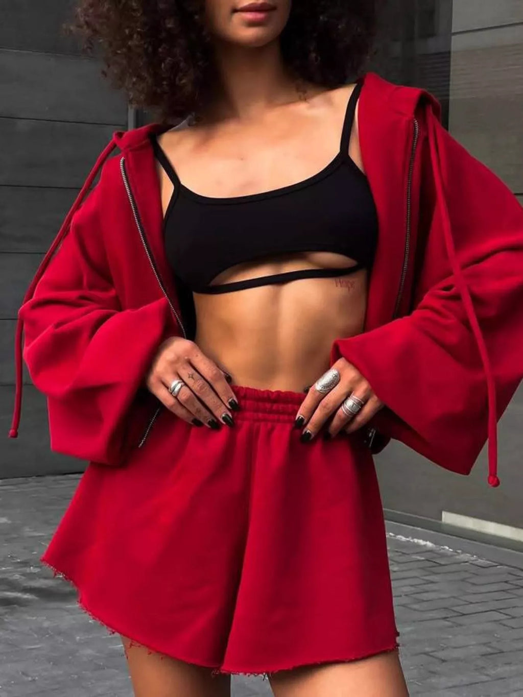 Trendsi zip-up long sleeve outerwear set with matching shorts, featuring a casual and sporty design, shown in the product image.