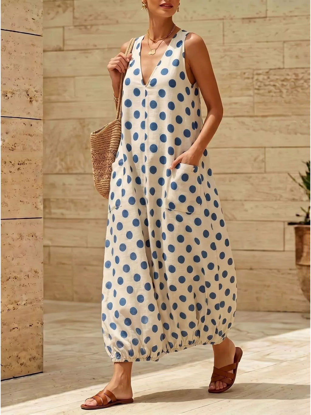 Polka dot V-neck sleeveless maxi dress by Shopimist, flowing fabric with a flattering neckline and stylish pattern.