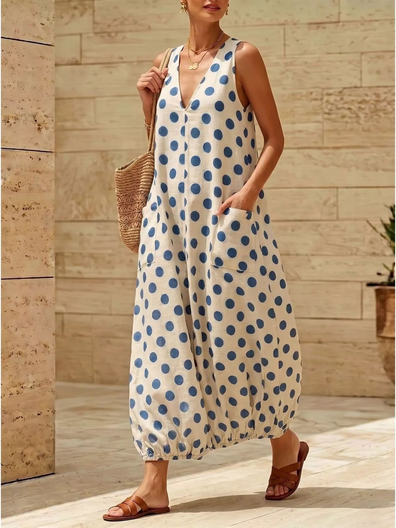 Polka dot V-neck sleeveless maxi dress by Shopimist, flowing fabric with a flattering neckline and stylish pattern.