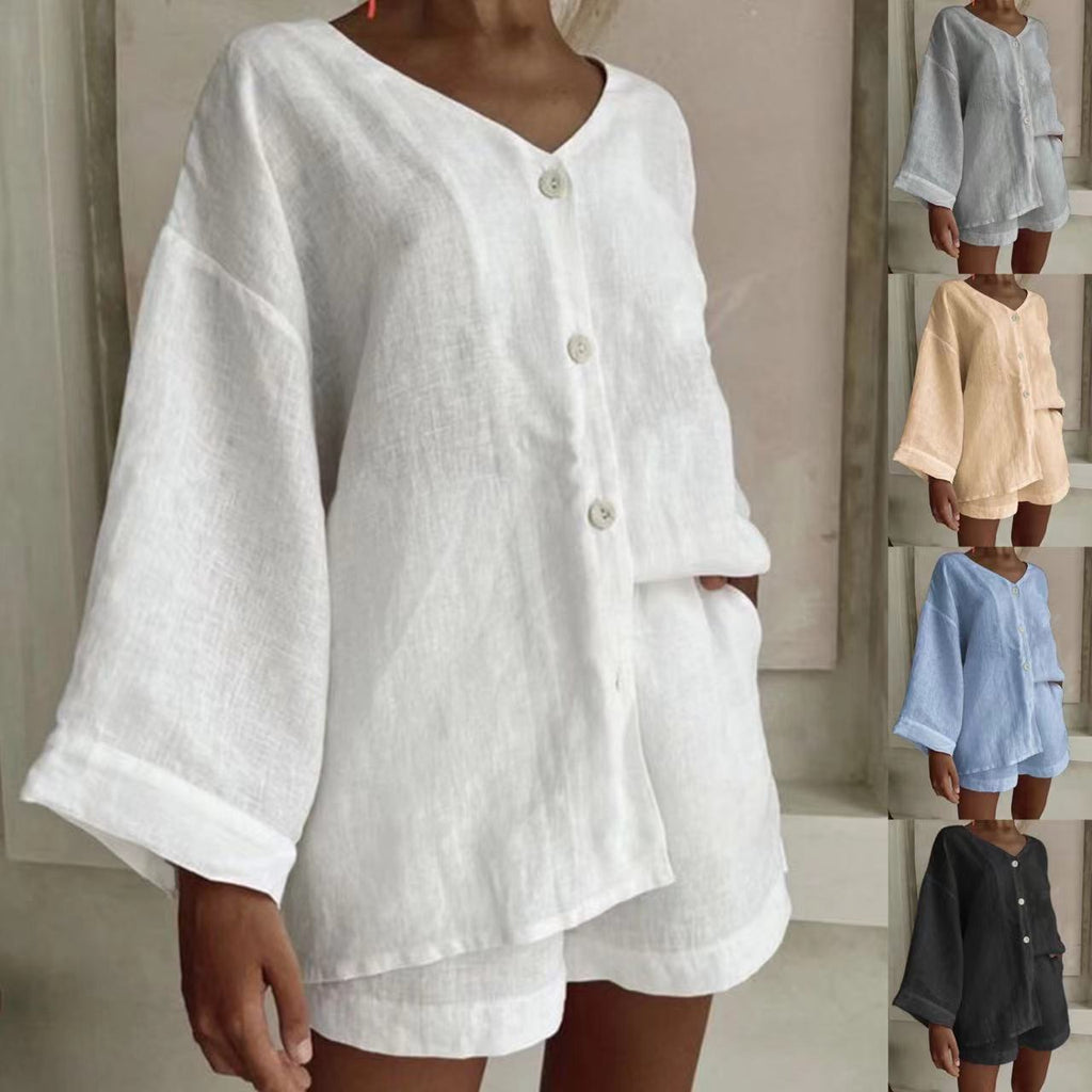 Women's cotton linen shirt and shorts set with long sleeves and buttons, casual 2-piece outfit from Plush Fashion Hub