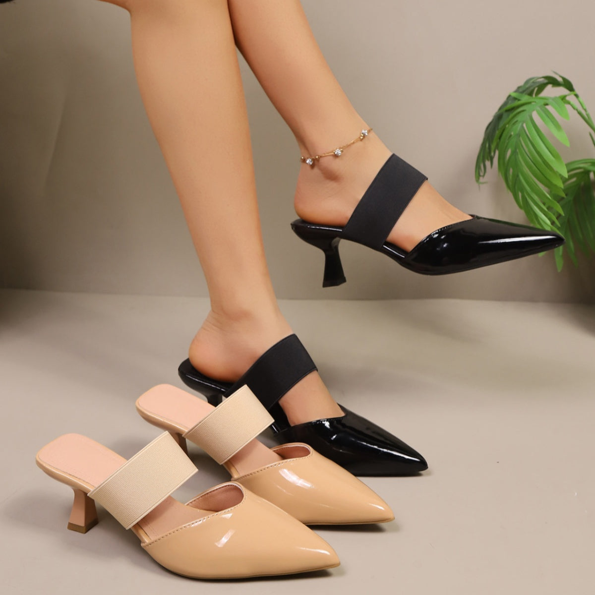 Point toe flare heel sandals by Plush Fashion Hub featuring elegant heels and stylish design on a neutral background.