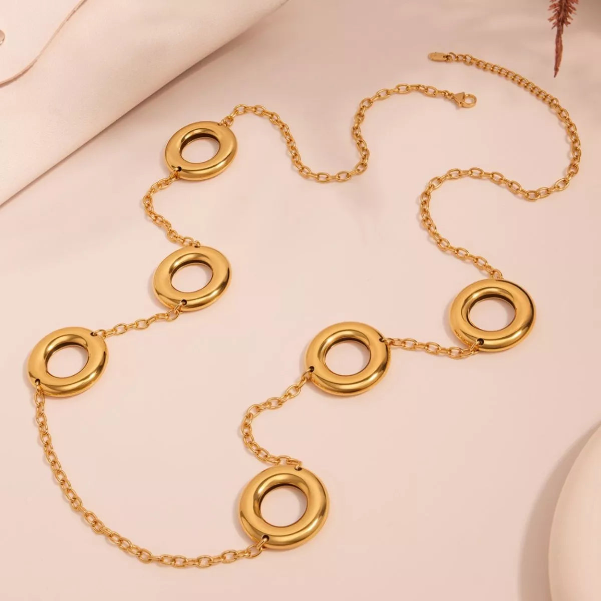 18K gold-plated circle chain statement necklace with large linked circles, stylish jewelry piece from Plush Fashion Hub.