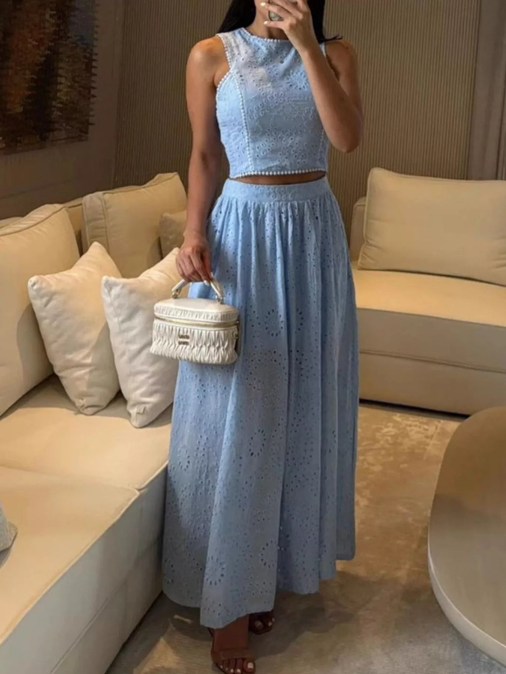 Trendsi eyelet crop top and maxi skirt set, stylish tops with eyelet details, perfect for a trendy casual look.