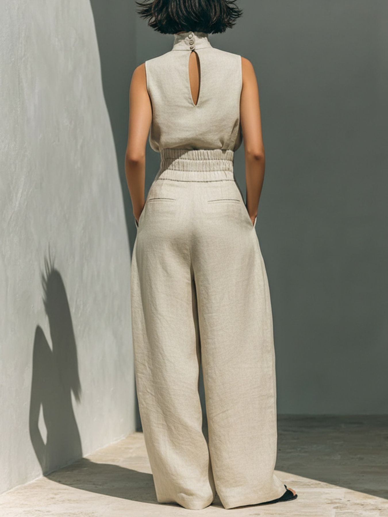 Sleeveless turtleneck top and matching pants set by Plush Fashion Hub, stylish and comfortable casual wear.