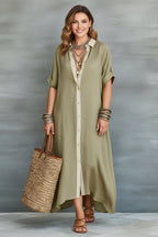 Color-block shirt maxi dress for women by Plush Fashion Hub featuring a loose fit, long length, button front, and contrast collar.