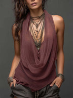 Women’s slim-fit halterneck V-neck backless knit top from Plush Fashion Hub, casualwear, shown in a stylish front view.