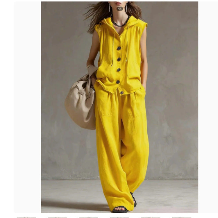 Casualwear sleeveless hooded top and wide-leg high-waist pants set by FitiqueFit, featuring a stylish two-piece design.