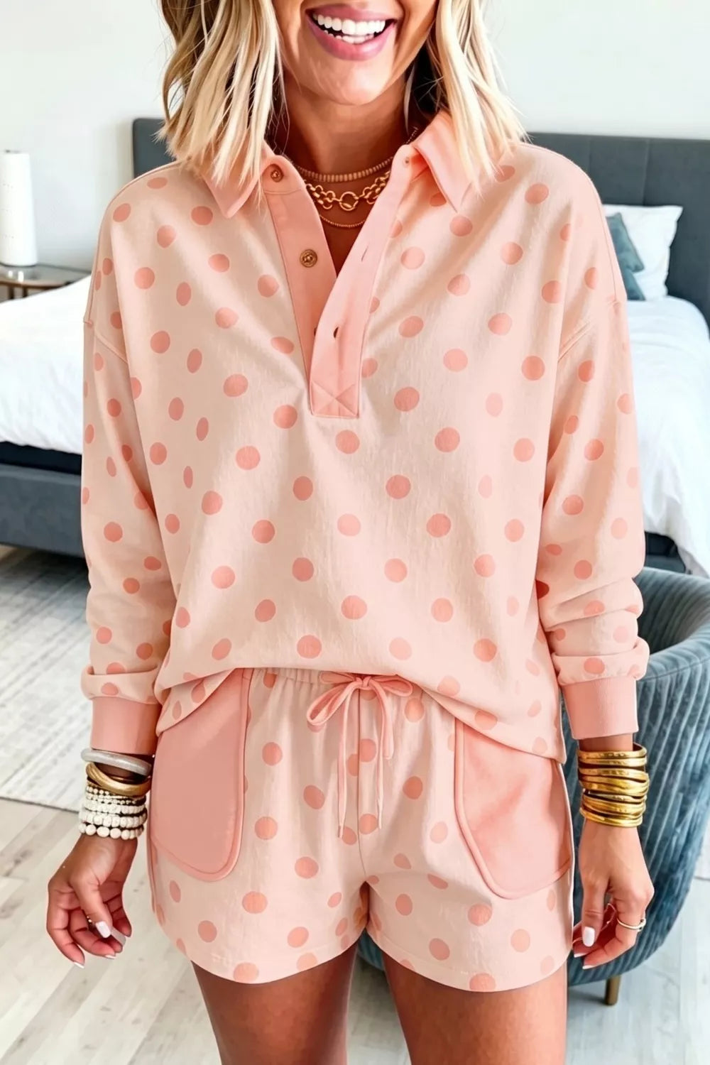 Polka dot drop shoulder polo loose pullover with patch pocket, casual shorts set by Plush Fashion Hub, stylish and comfortable.