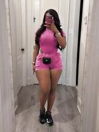 Ribbed knit bodysuit and shorts set by Shopimist, featuring a fitted design and textured fabric in a stylish, casual look.