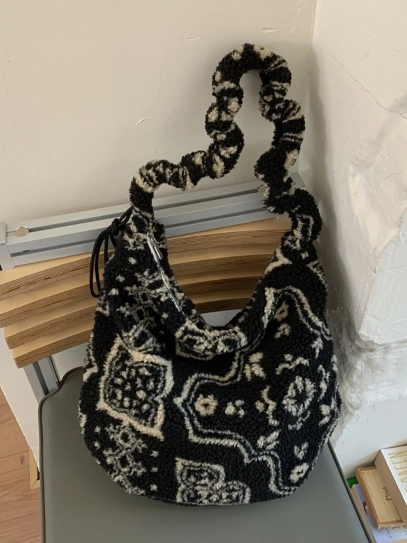Soft plush Sherpa ruched strap handbag by Plush Fashion Hub with cozy textured fabric and stylish design.