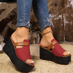 Women's open toe wedge sandals by Trendsi featuring stylish PU leather construction and high heel design.