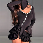 Plush Fashion Hub deep V-neck ruffle-hem flared-sleeve mini dress with button-front bodycon fit, perfect for casualwear.