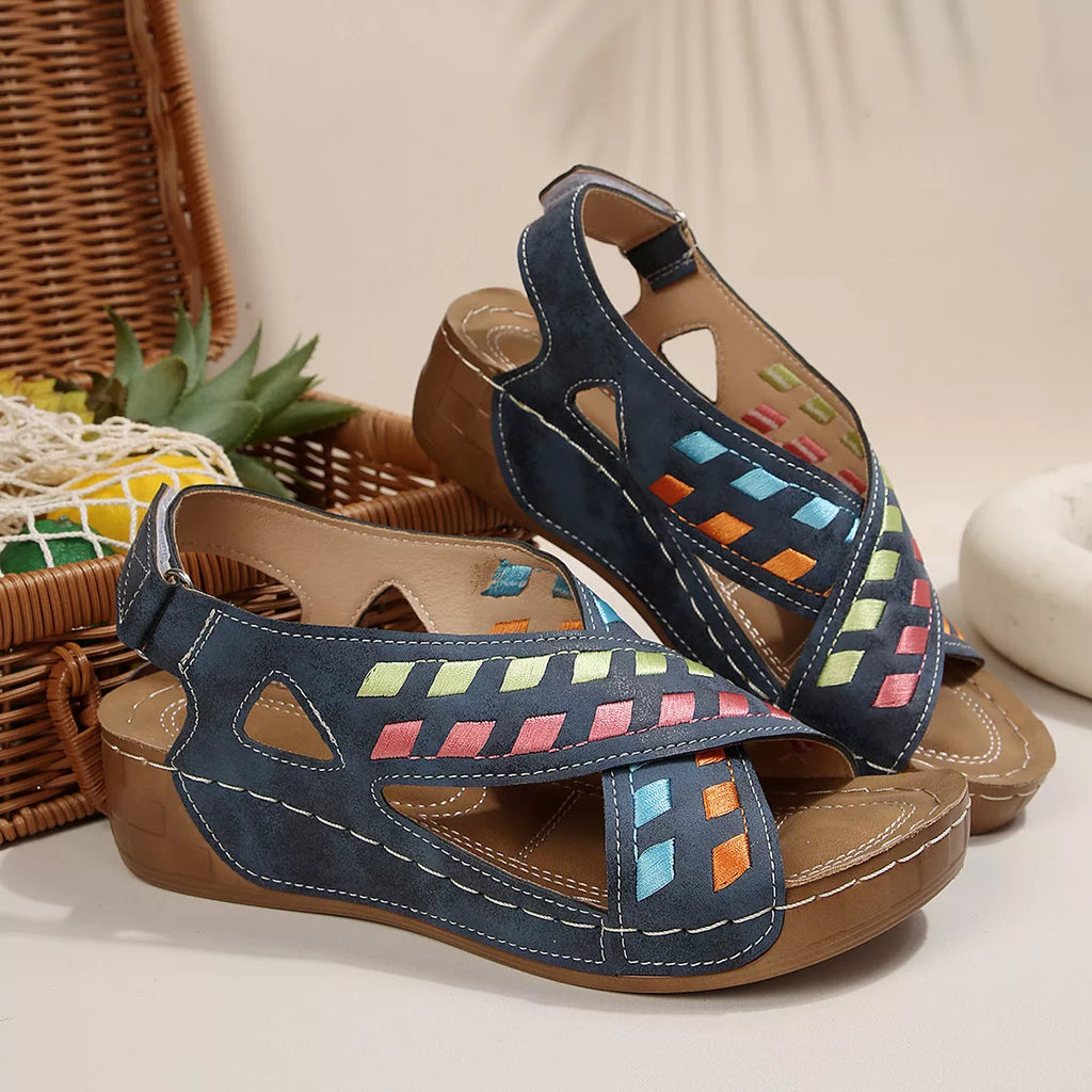 Open toe wedge sandals by Shopimist featuring a stylish design, neutral color, and comfortable cork wedge heel.