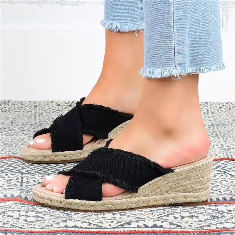 Denim hemp braided lightweight high heel slippers by Plush Fashion Hub, showing the textured denim and braided hemp details.