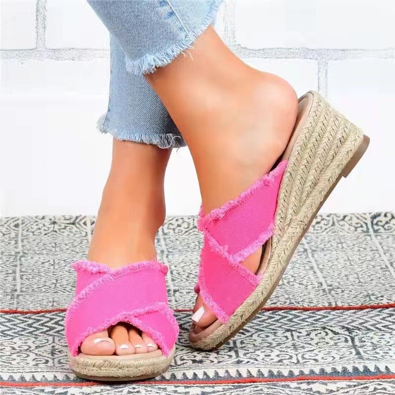 Denim fashion hemp braided lightweight high heel slippers with open toe design and stylish ankle strap from Plush Fashion Hub.