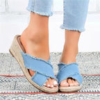 Denim fashion hemp braided lightweight high heel slippers with open toe and block heel, stylish and comfortable for casual wear.