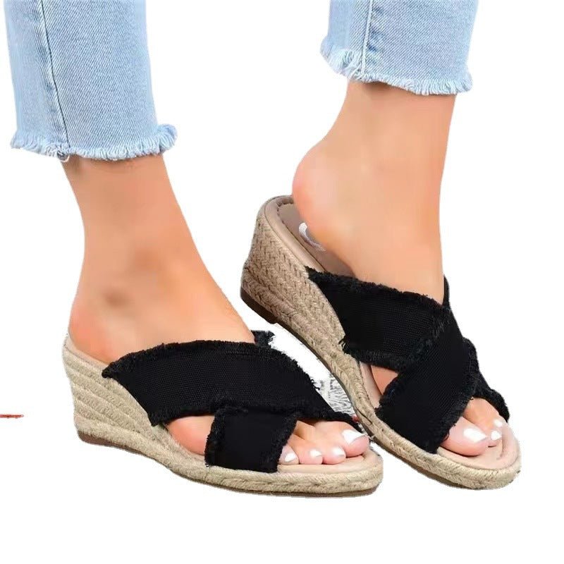 Denim Fashion Hemp braided high heel slippers by Plush Fashion Hub, lightweight with stylish woven hemp detailing and denim accents.