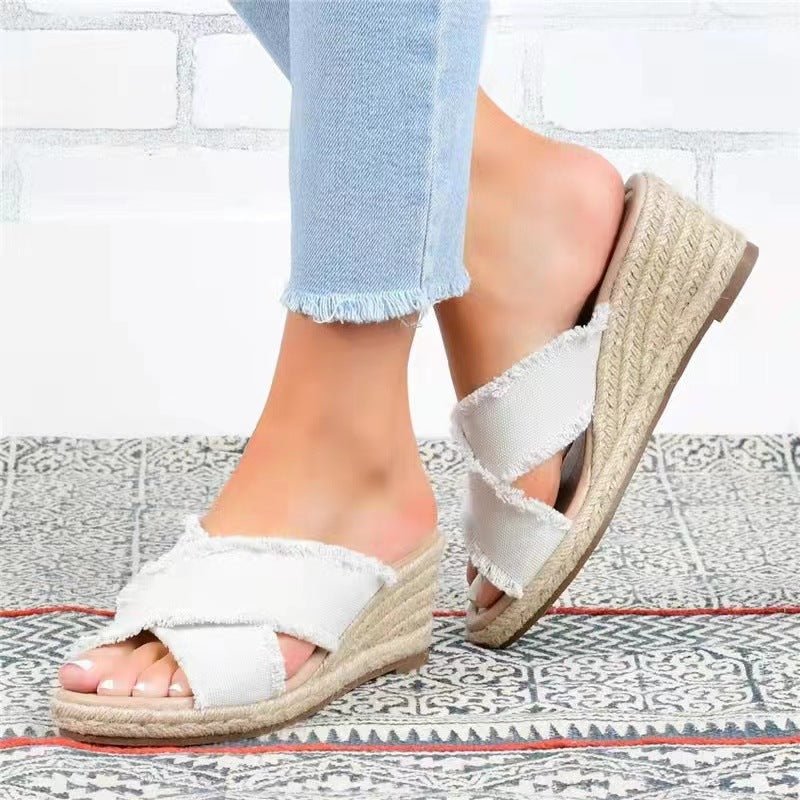Denim fashion hemp braided lightweight high heel slippers with open toes and woven design by Plush Fashion Hub.