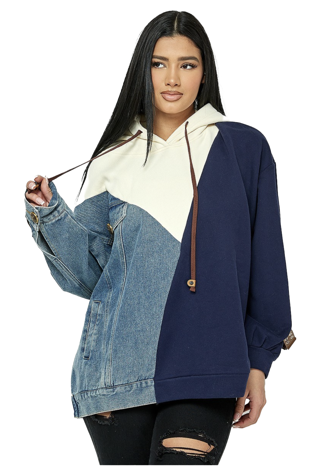 Navy denim hoodie sweatshirt from The House of Stylez with a relaxed fit and casual style, displayed on a hanger.