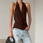 Designer knitted backless boat-neck top for women, casualwear by Plush Fashion Hub, showing the stylish backless design and boat neckline.