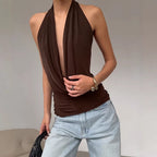 Plush Fashion Hub women's designer knitted backless boat-neck casual top, showcasing a stylish, lightweight knit fabric.