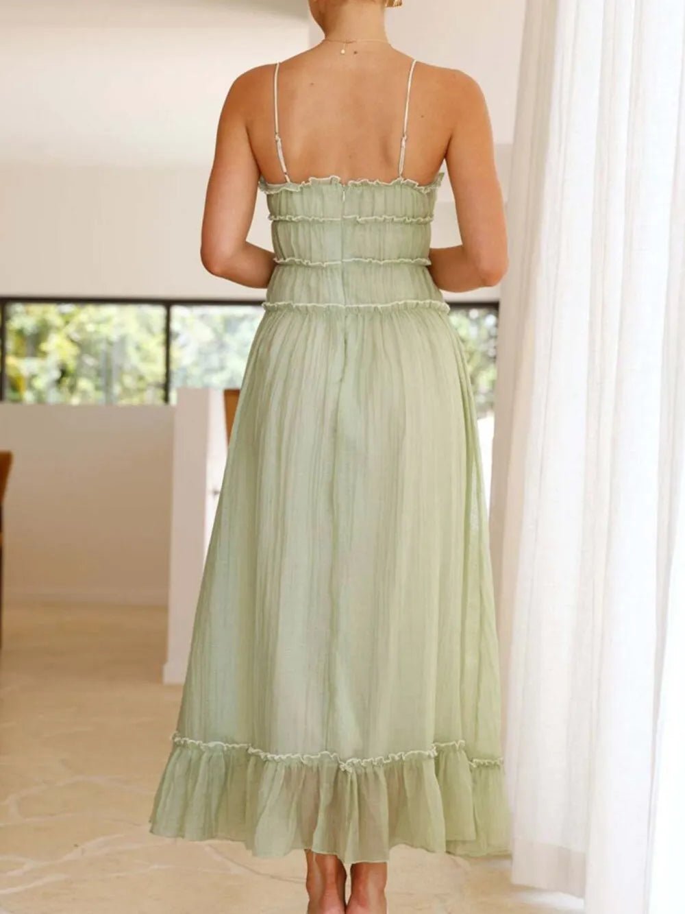 Women’s Divine Frill Ruffled Hem Midi Cami Dress by Trendsi, featuring a flowy silhouette, ruffled hem, and elegant design.