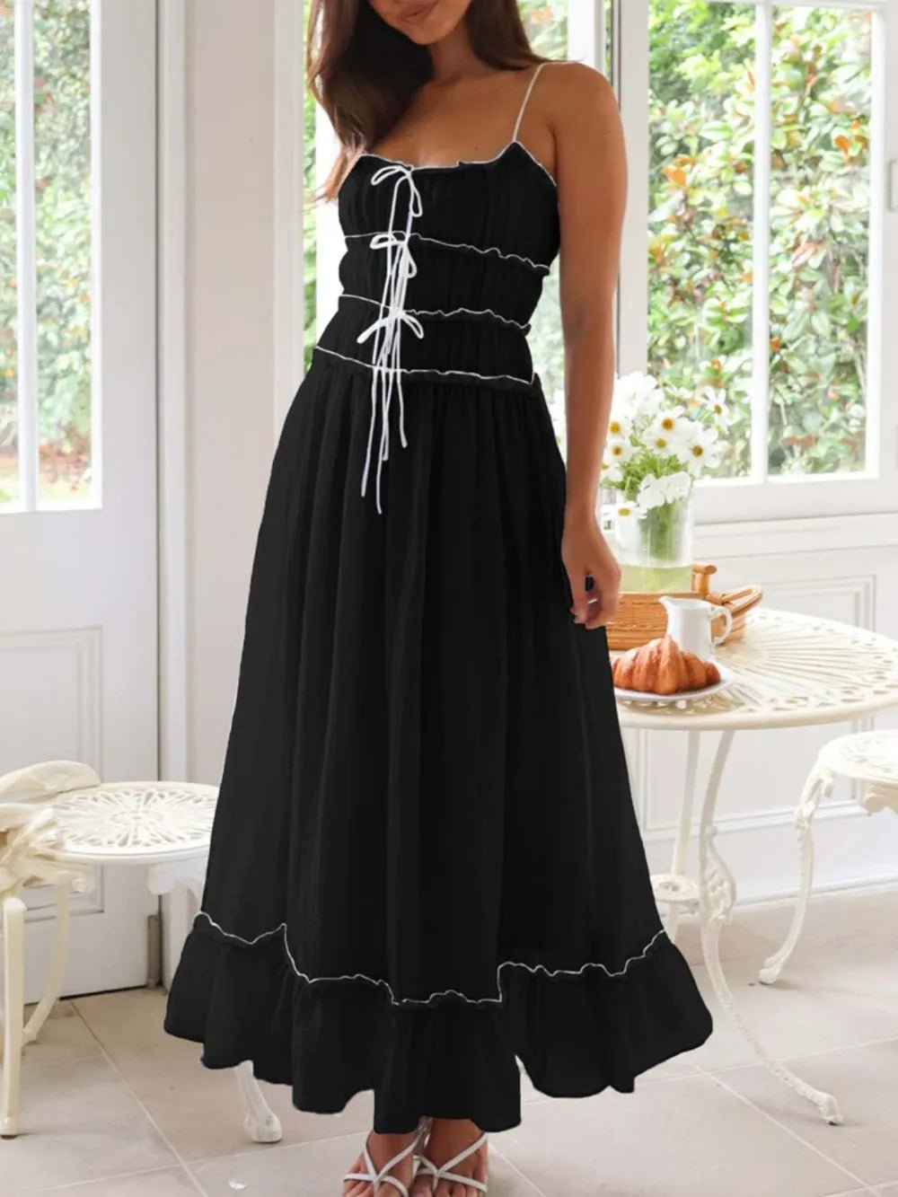Women's Divine Frill Ruffled Hem Midi Cami Dress by Trendsi featuring a flowy silhouette and elegant ruffle details.