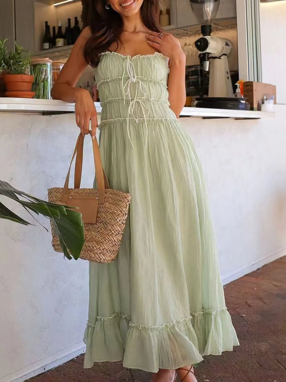 Elegant women's midi cami dress with ruffled hem, featuring a divine frill design, perfect for chic summer or evening wear.
