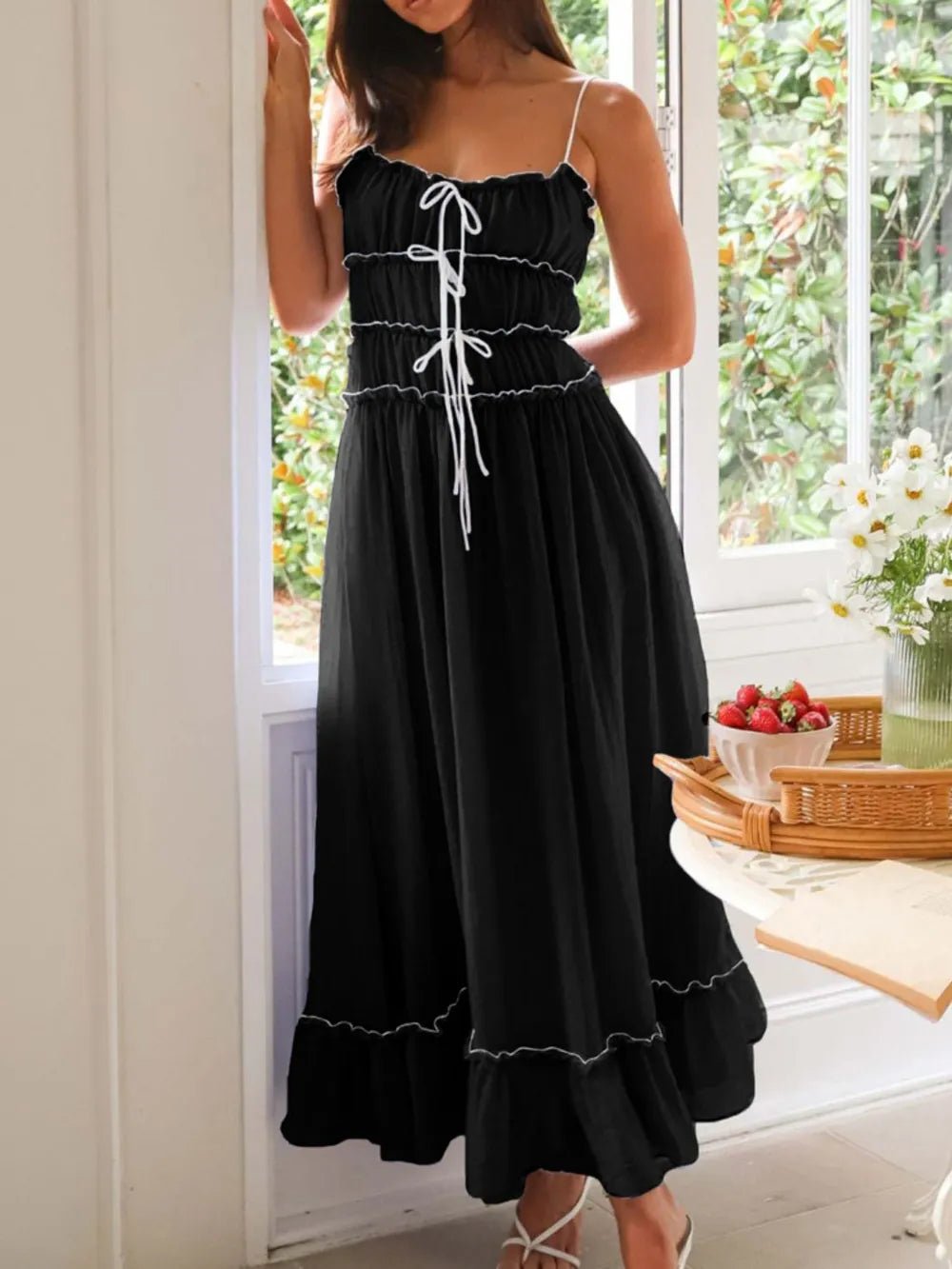 Women's Divine Frill Ruffled Hem Midi Cami Dress by Trendsi, featuring a flowy silhouette and elegant ruffled hem detail.