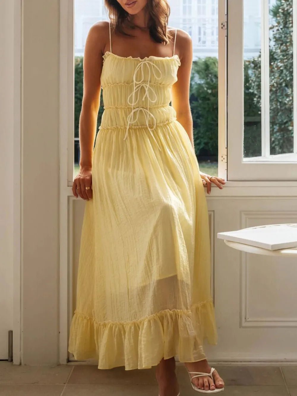Women's Divine Frill Ruffled Hem Midi Cami Dress, trendy and elegant, featuring a ruffled hem and sleeveless design for stylish occasions.