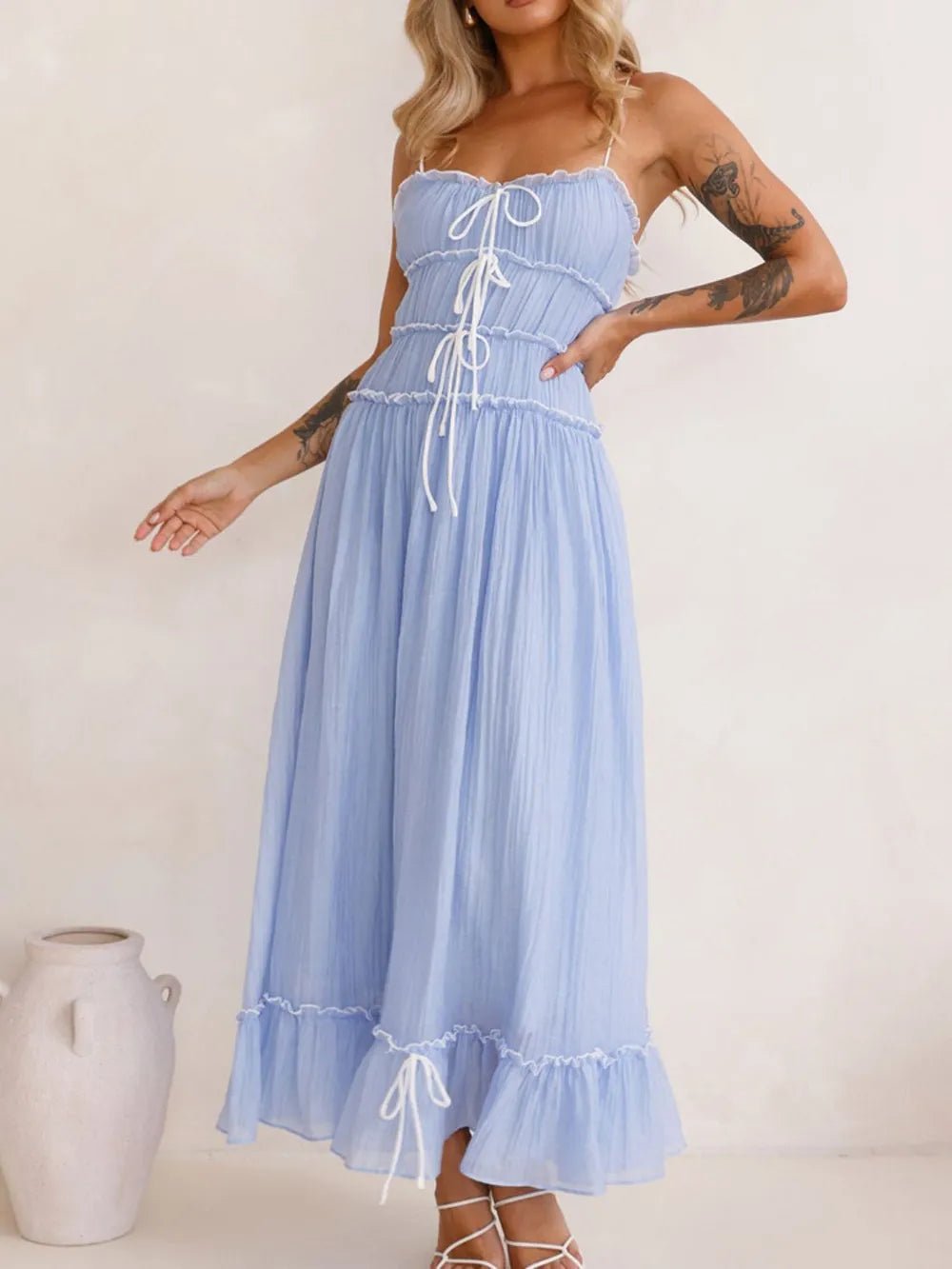 Women's Divine Frill Ruffled Hem Midi Cami Dress by Trendsi, featuring a flowy silhouette and elegant ruffle details.