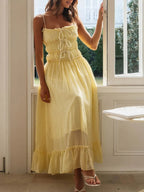 Women's Divine Frill Ruffled Hem Midi Cami Dress by Trendsi, featuring a flowy midi length with frill details and a sleeveless design.