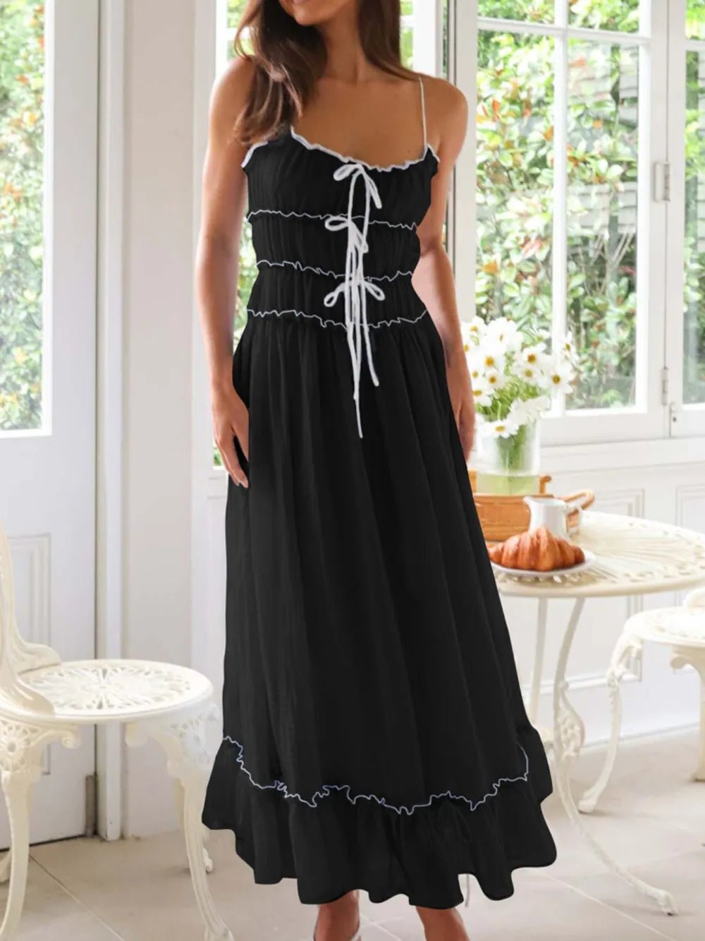 Elegant women's midi cami dress with ruffled hem, featuring a divine frill design, perfect for stylish summer occasions.