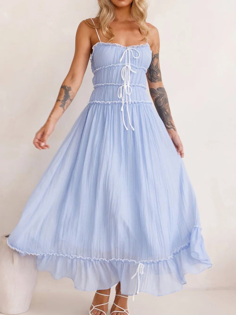 Women's Divine Frill Ruffled Hem Midi Cami Dress showing the ruffled hem and elegant fit in soft fabric.