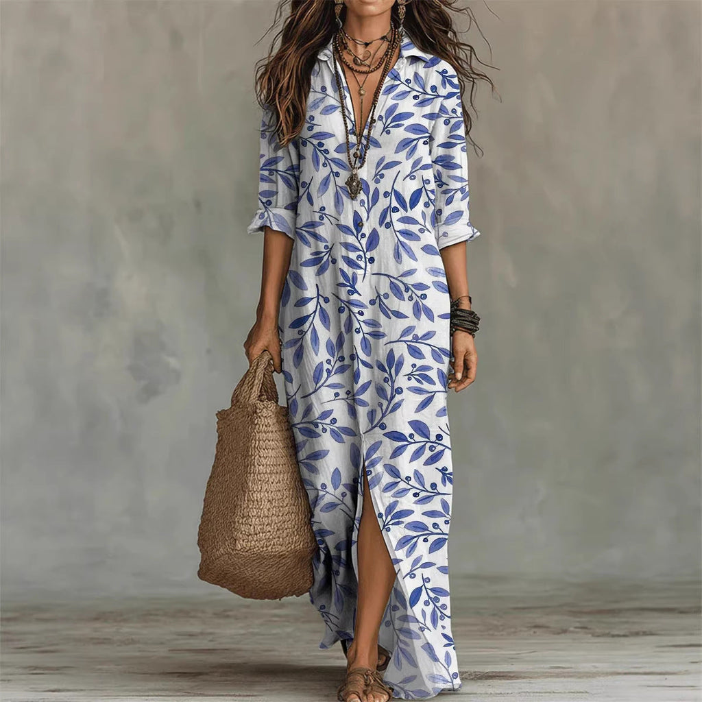 Digital print lapel midi shirt dress by FitiqueFit in casualwear style, available in five colors, size S to 3XL.