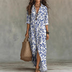 Digital print lapel midi shirt dress by FitiqueFit in casualwear style, available in five colors, size S to 3XL.