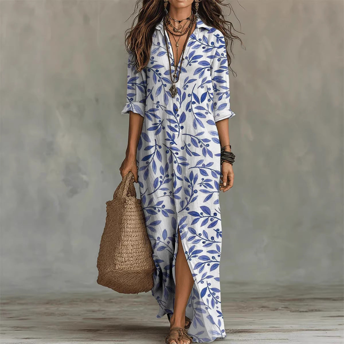 Digital print lapel midi shirt dress by FitiqueFit in casualwear style, available in five colors, size S to 3XL.