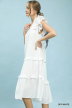 Umgee textured ruffle sleeve tiered midi dress displayed on a mannequin with a flowy, layered design and gathered waist.