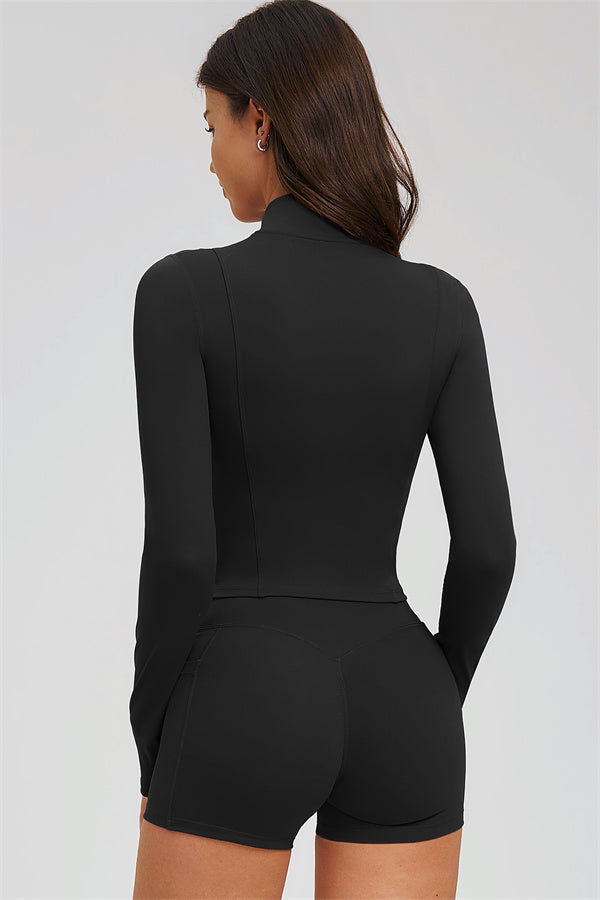 Fitglutes Activewear sports bra, zip jacket, and shorts 3-piece set for workout and gym activities.