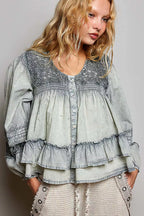Polished Shopimist washed layered lace pintuck flared woven blouse with intricate lace details and flowing silhouette.