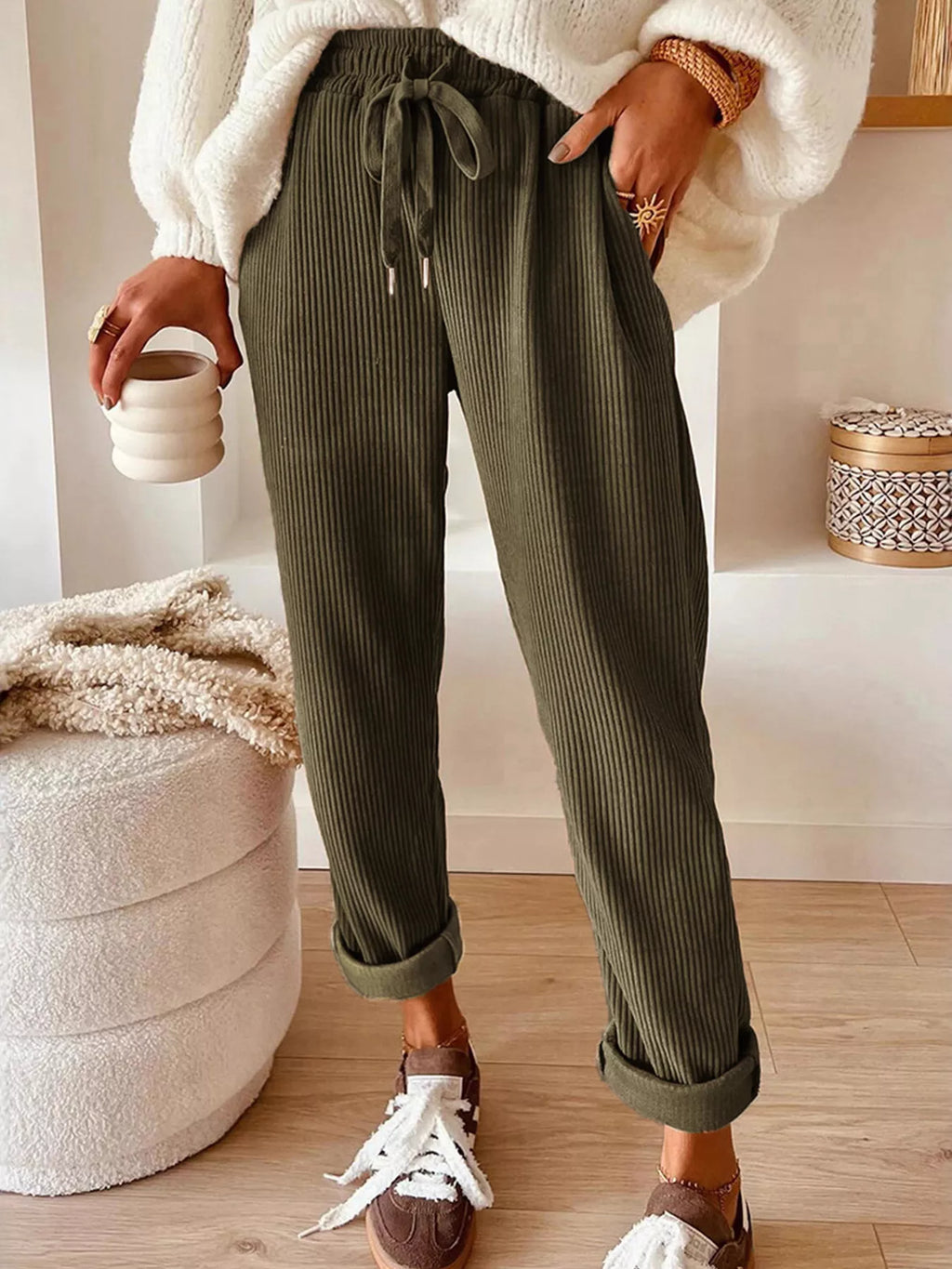 Casual corduroy drawstring waist pants from Simply Love, featuring a rings detail and a comfortable fit.
