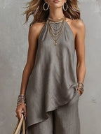 Full Size Asymmetrical Hem Cami and Wide Leg Pants Set Plus Size