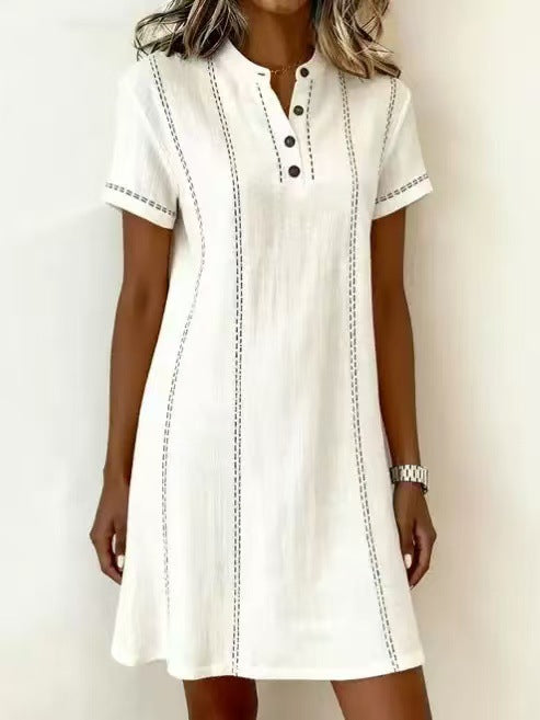 Women's printed button-up midi dress with stand collar, 3/4 sleeves, loose fit by Plush Fashion Hub, stylish and comfortable.